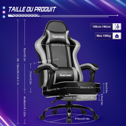 Portreen Gaming Chair with Footrest, Ergonomic Gaming Chair, Gaming Armchair with Adjustable Lumbar Cushion and Headrest, Height-Adjustable Swivel, Rocking Function up to 170°, Gaming Chair for up to 150 kg, Black, Perfect for