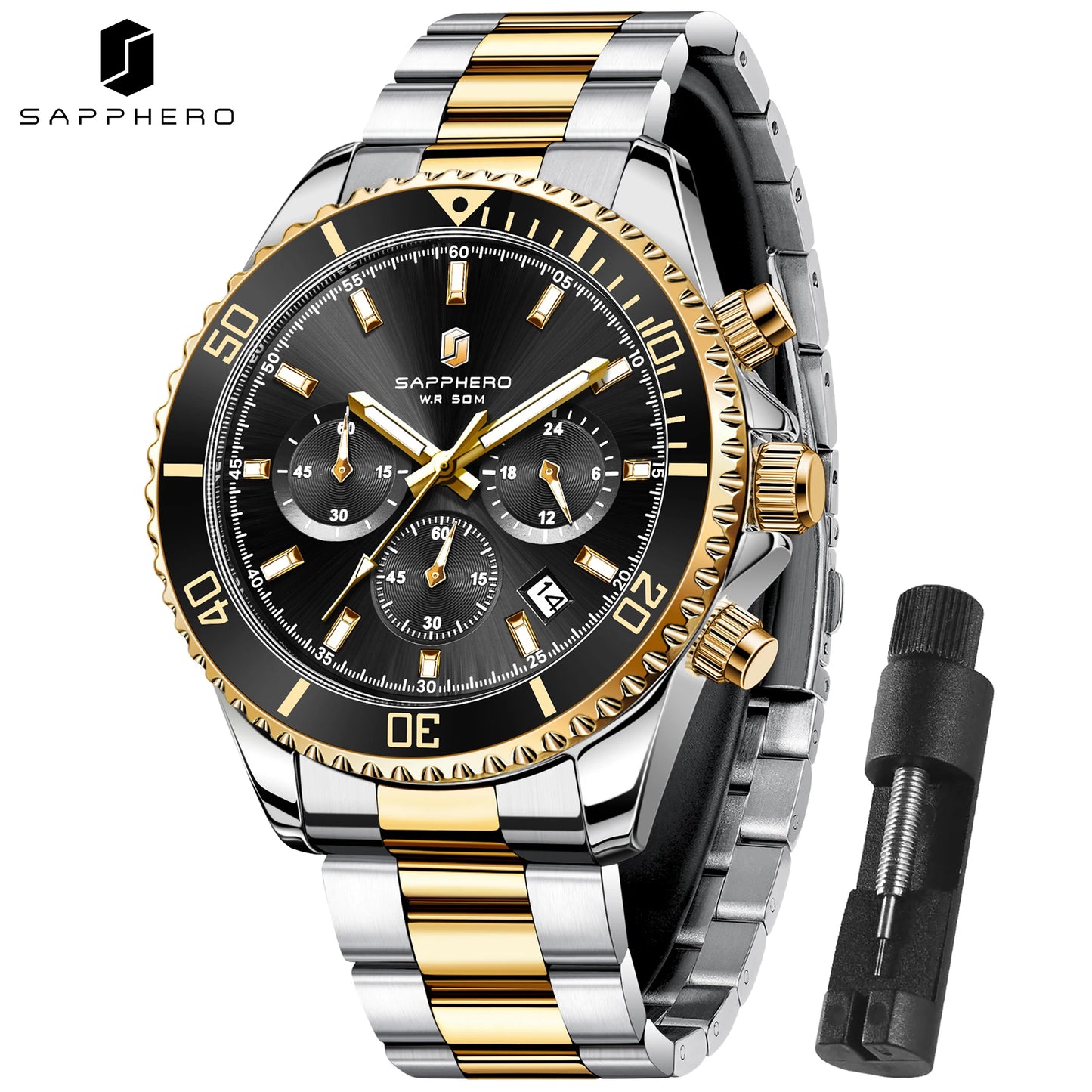 SAPPHERO Men’s Quartz Watch Luxury Chronograph Sport Wristwatch Stainless Steel Waterproof 50M Date Luminous Business Watch