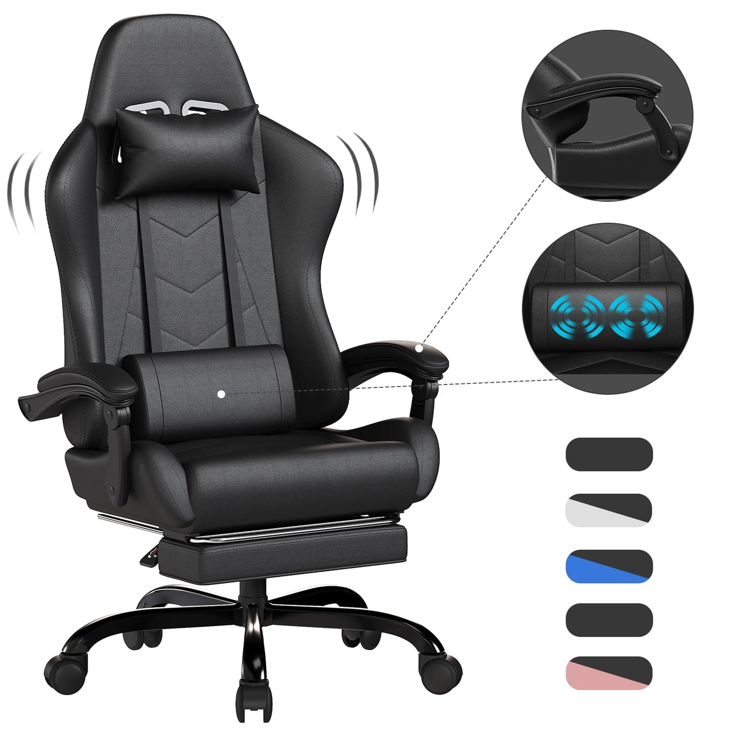 HOMALL Ergonomic Gaming Chair with Lumbar Massage, Adjustable Footrest, Faux Leather Office Chair, 135° Reclining Swivel Desk Chair