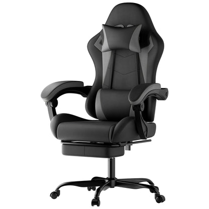 Black & Grey PU Leather Gaming Chair, Ergonomic Racing Style Computer Chair with Footrest, Height Adjustable Swivel Office Chair with Lumbar Support & Headrest for Adults, Boys and Girls