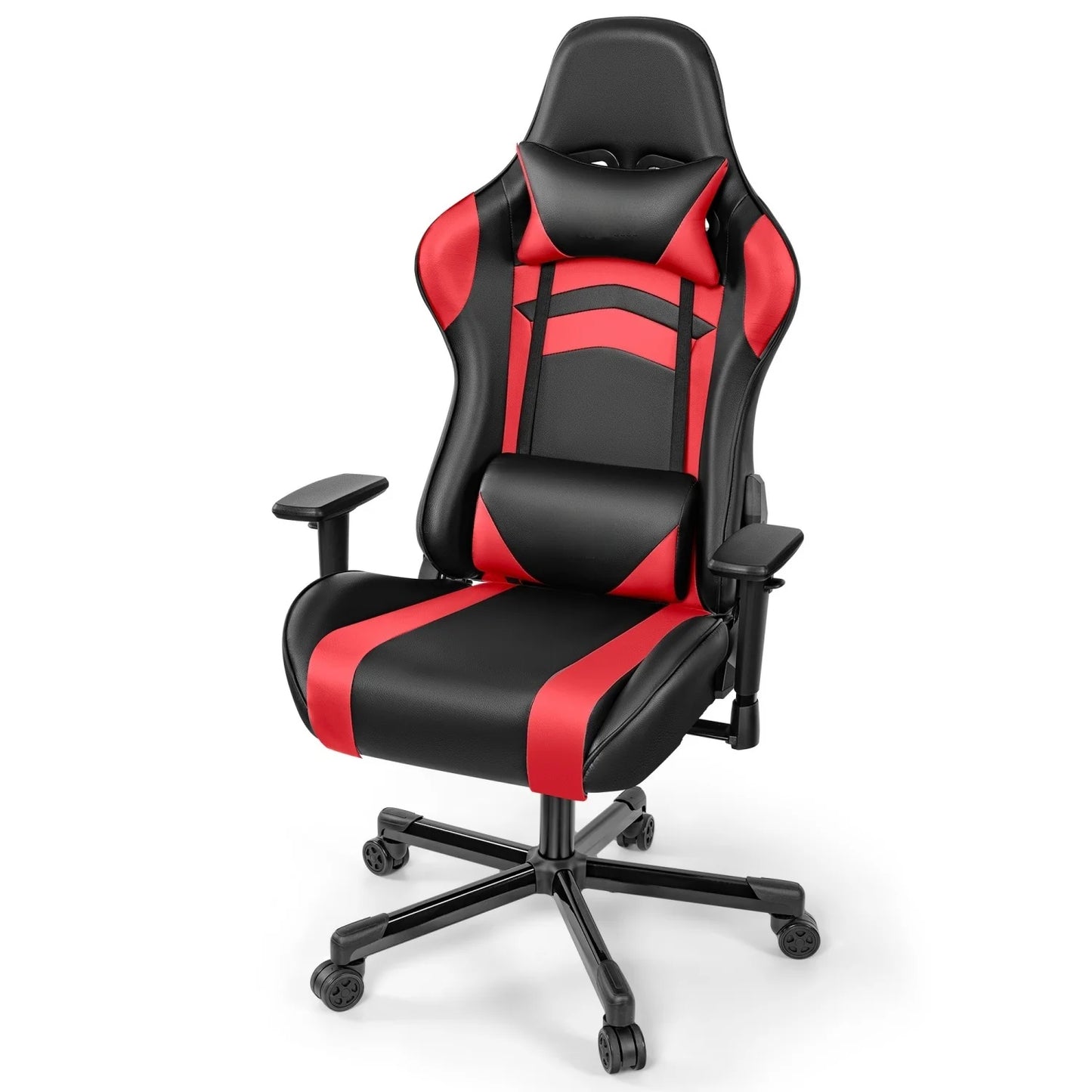 Gaming chair, PU leather adjustable in multiple directions, with lumbar support and headrest, ergonomic, black and red