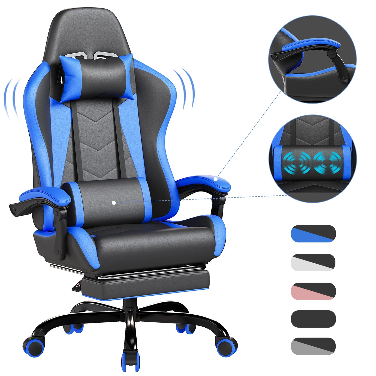 HOMALL Ergonomic Gaming Chair with Lumbar Massage, Adjustable Footrest, Faux Leather Office Chair, 135° Reclining Swivel Desk Chair