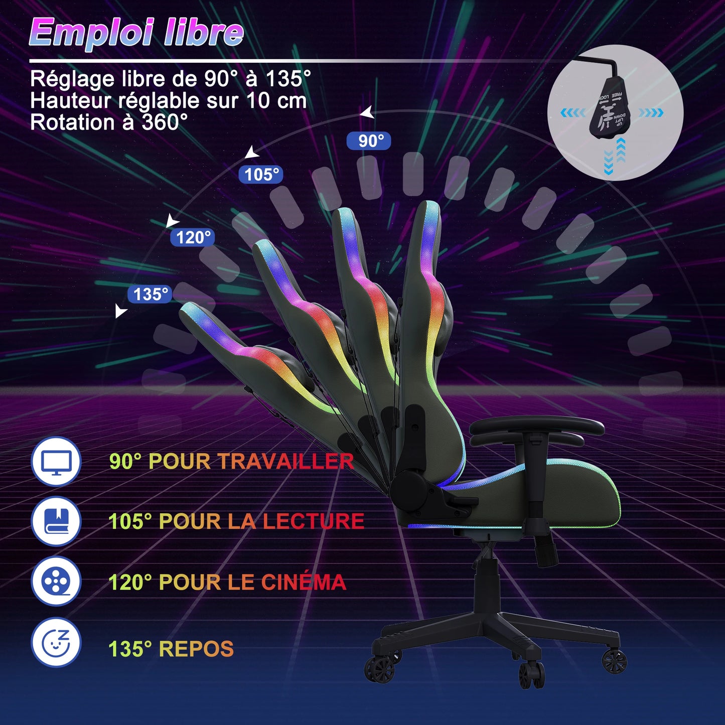 Superaly 72x58.5x125-133cm Ergonomic Gaming Chair RGB Light,Gamer Chair,PU Leather Office Chair with Headrest & Lumbar Cushion