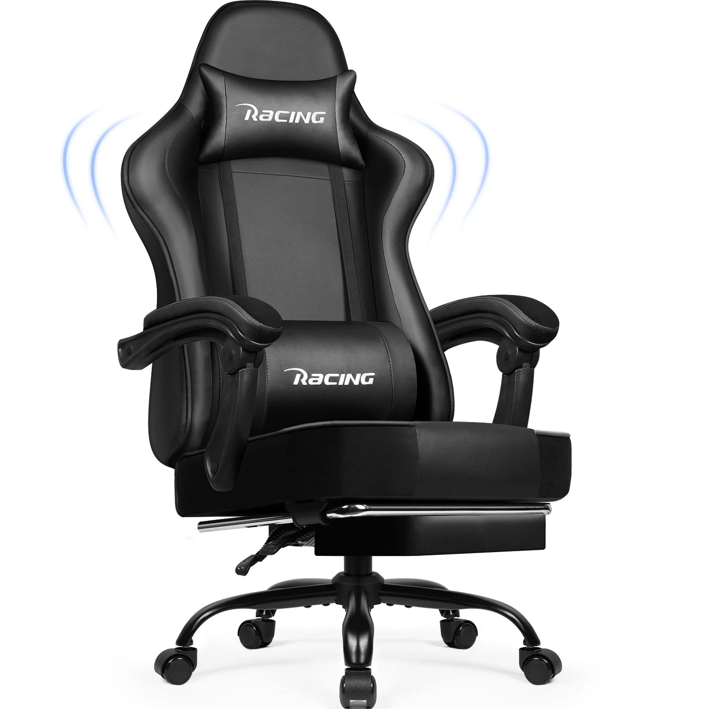 Portreen Gaming Chair with Footrest, Ergonomic Gaming Chair, Gaming Armchair with Adjustable Lumbar Cushion and Headrest, Height-Adjustable Swivel, Rocking Function up to 170°, Gaming Chair for up to 150 kg, Black, Perfect for