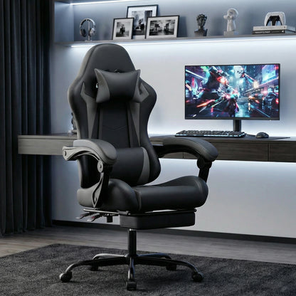 Black & Grey PU Leather Gaming Chair, Ergonomic Racing Style Computer Chair with Footrest, Height Adjustable Swivel Office Chair with Lumbar Support & Headrest for Adults, Boys and Girls
