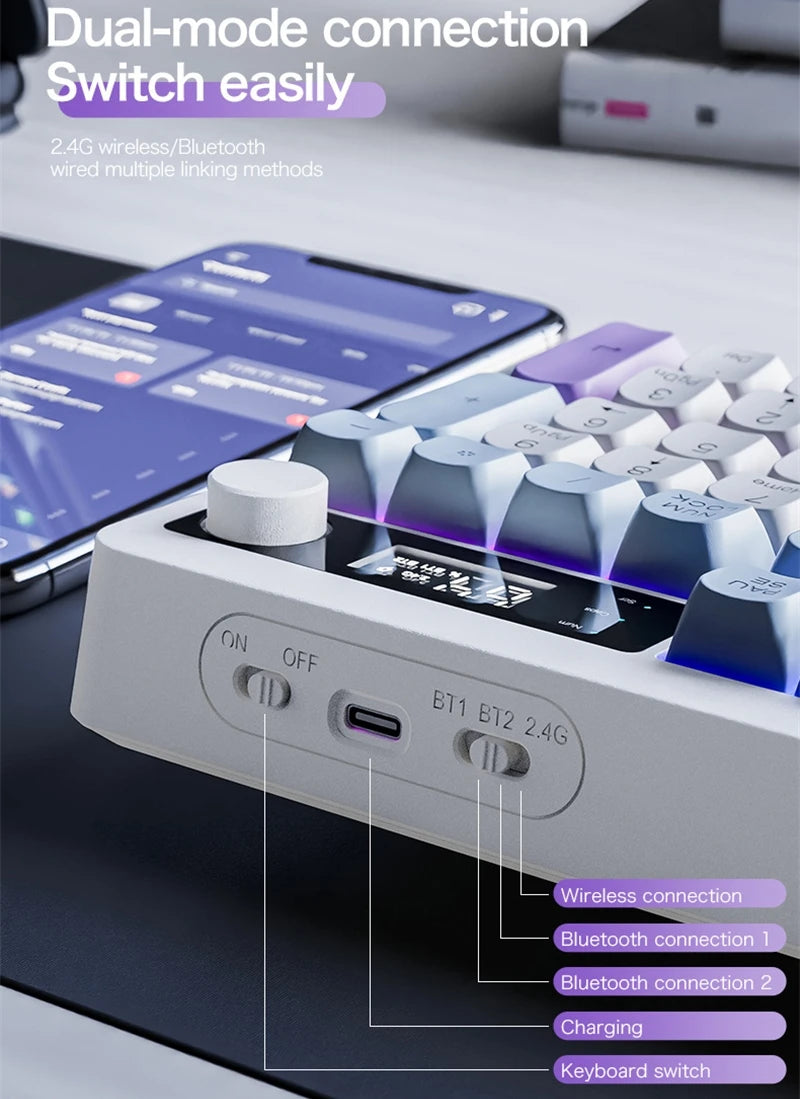 Spanish Wireless Keyboard Russian Spanish Arabic Korean 100% Keyboard Layout With Volume Knob TK100 RGB Light Type C Bluetooth