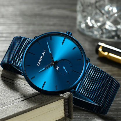 Reloj para hombre CRRJU: reloj de cuarzo de lujo, de estilo informal, fino, con correa de malla de acero, resistente al agua y deportivo.