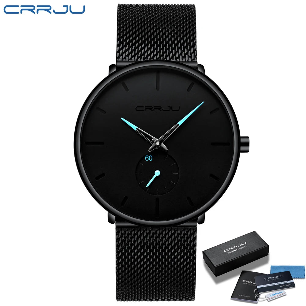 Reloj para hombre CRRJU: reloj de cuarzo de lujo, de estilo informal, fino, con correa de malla de acero, resistente al agua y deportivo.