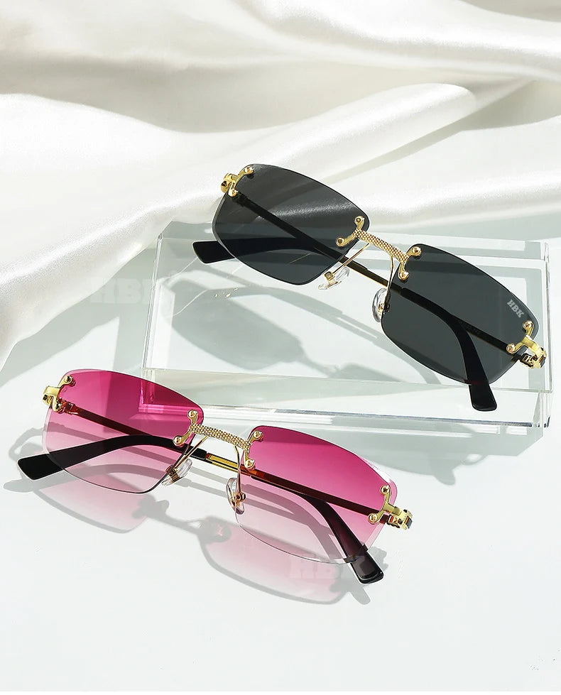HBK Square Rimless Sunglasses Women Retro Metal Sun Glasses Men Luxury Party Business Gradient Shades 2024 Summer Style