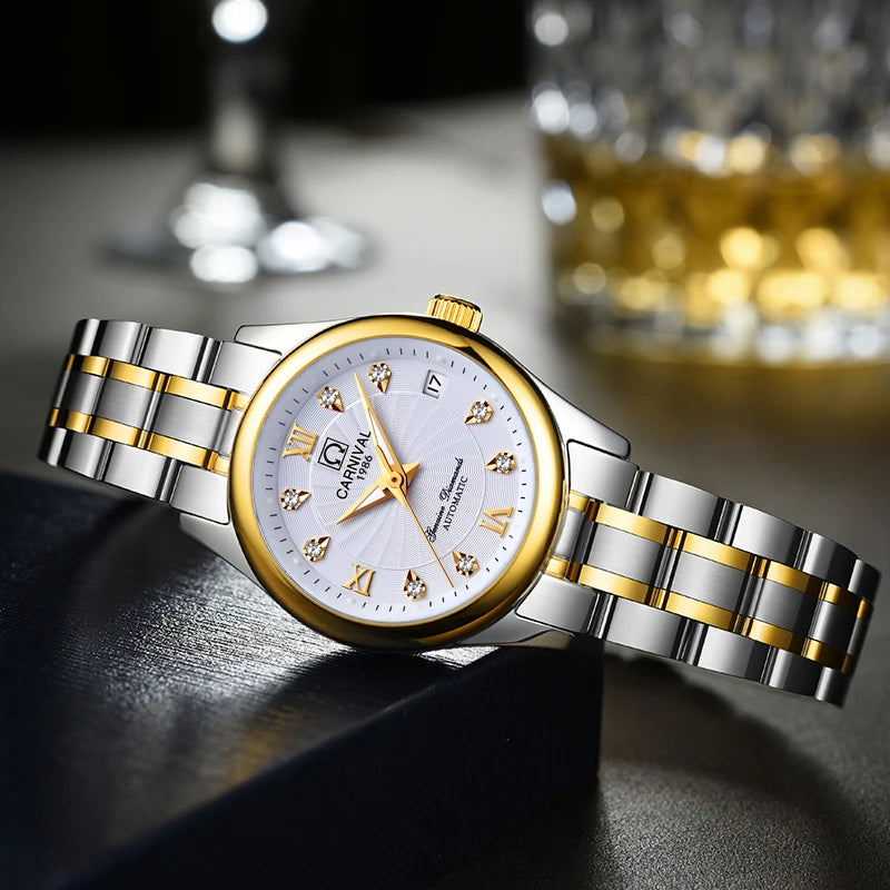 Mechanisch dameshorloge van het merk CARNIVAL – Elegant model, automatisch uurwerk, saffierglas, waterdicht.