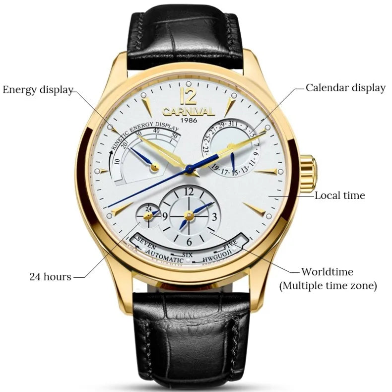 CARNIVAL New Dual Time Zone Watches for Men Automatic Multifunction Men Mechanical Wristwatches Sapphire Calendar Watch for Men