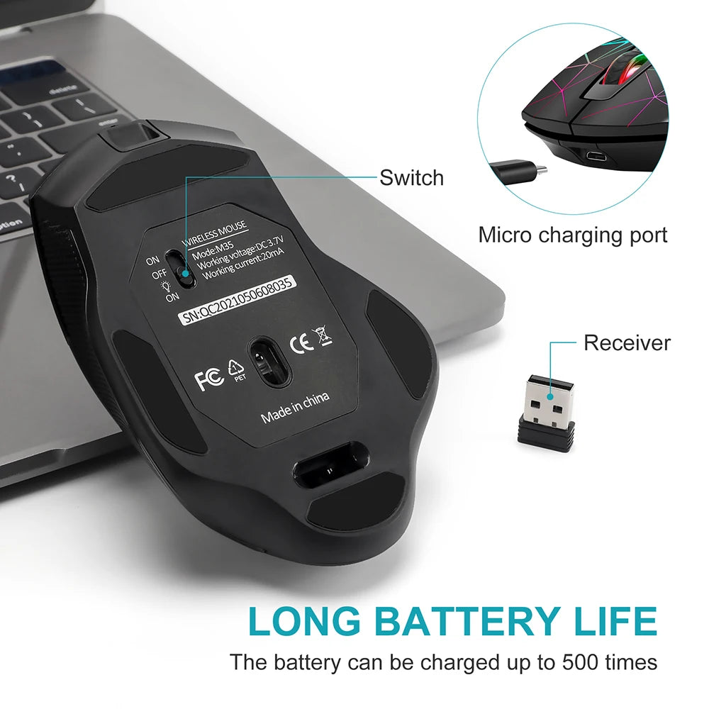 2.4G Rechargeable Wireless Mouse, Gamer Gaming Mouse, Computer Mouse, USB Ergonomic Mouse with Backlight RGB Mice for Laptop PC