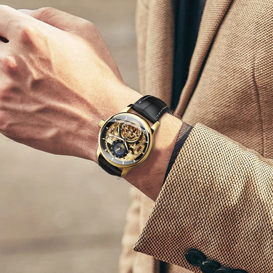 Relógio mecânico automático WINNER, estilo retro clássico, modelo de luxo com turbilhão e mostrador esqueletizado, equipado com fase lunar e bracelete em couro genuíno.