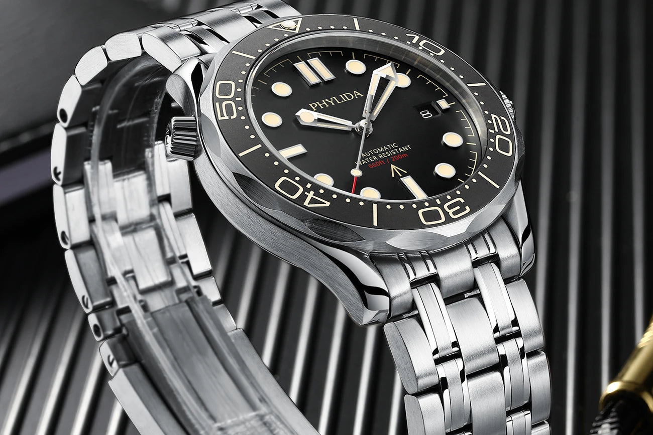 PHYLIDA Black Dial PT5000 MIYOTA Automatic Watch DIVER 200M 007 NTTD Style Sapphire Crystal Solid Bracelet Waterproof 20Bar
