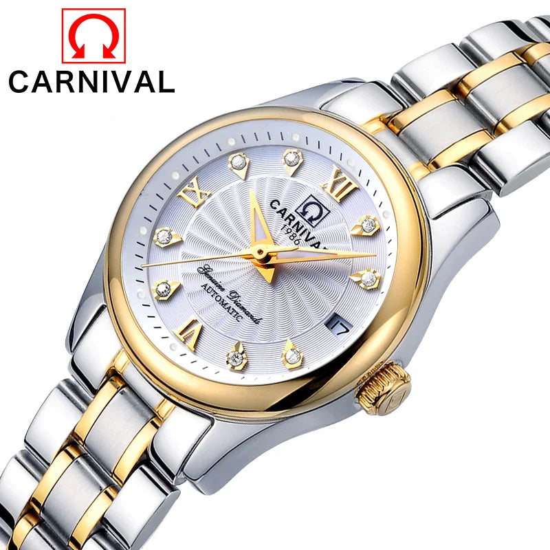 Mechanisch dameshorloge van het merk CARNIVAL – Elegant model, automatisch uurwerk, saffierglas, waterdicht.