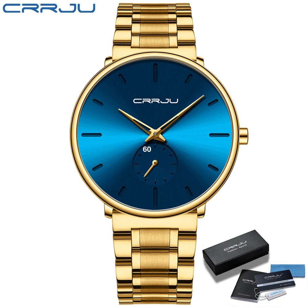 Orologio da uomo CRRJU – Orologio da polso in acciaio inossidabile, stile casual e lussuoso, impermeabile, orologio sportivo al quarzo da uomo