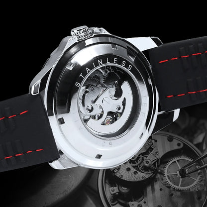 Vyrų automatinis laikrodis „WINNER“ – mechaninis skeletinis modelis, šviečiantys rodyklės, guminė apyrankė, sportiškas ir prabangus stilius, idealiai tinka veiklai lauke
