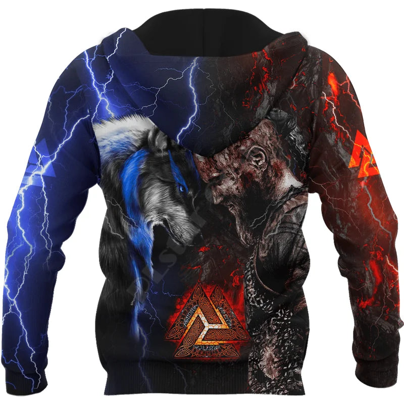 Суитшърт с качулка Ragnar and Wolf Valknut Tattoo, 3D цялостен принт, с цип, дамски и мъжки пуловер с качулка, cosplay костюм