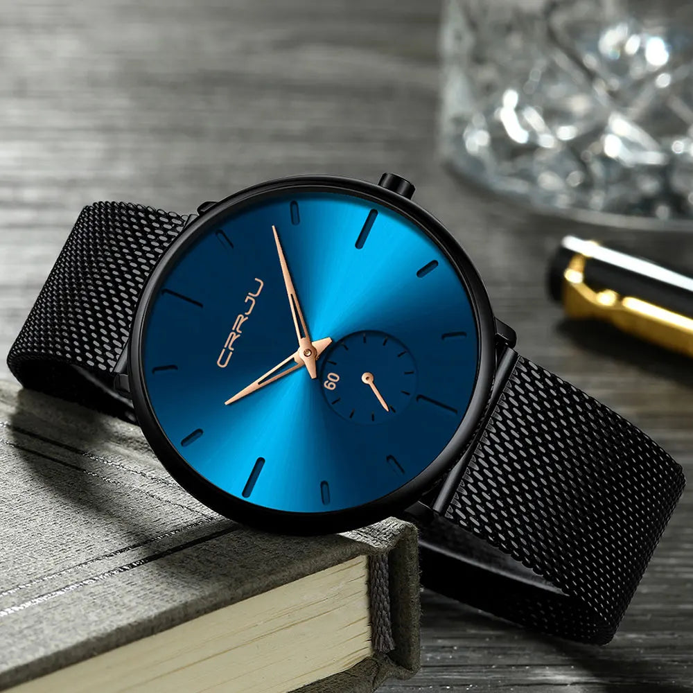 Reloj para hombre CRRJU: reloj de cuarzo de lujo, de estilo informal, fino, con correa de malla de acero, resistente al agua y deportivo.