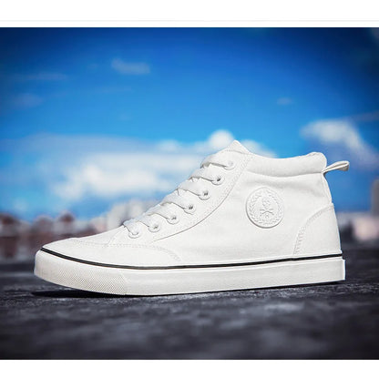 Pánské vysoké plátěné tenisky, nazouvací, šněrovací, ležérní, celočerné, základní skateové boty pro studenty, s plochou podrážkou, pohodlné sportovní boty