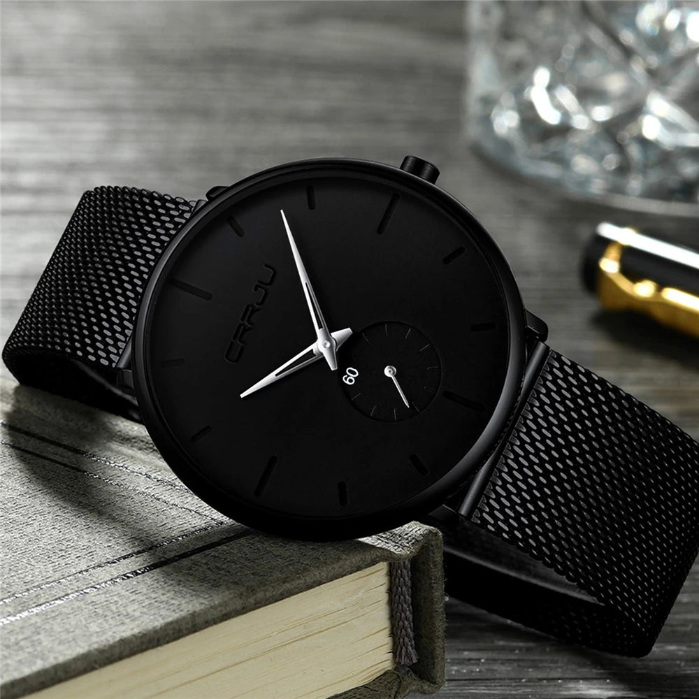 Reloj para hombre CRRJU: reloj de cuarzo de lujo, de estilo informal, fino, con correa de malla de acero, resistente al agua y deportivo.