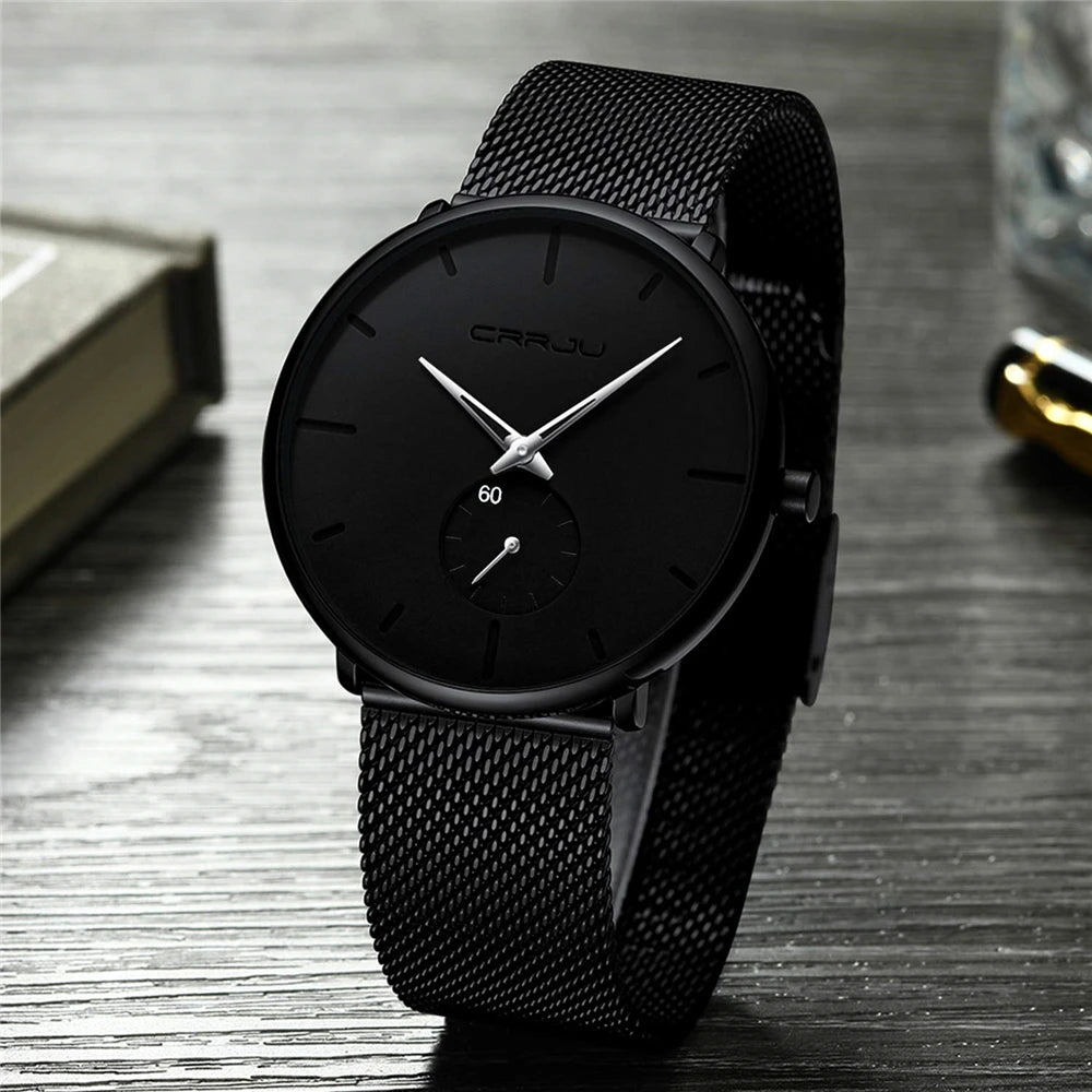 Reloj para hombre CRRJU: reloj de cuarzo de lujo, de estilo informal, fino, con correa de malla de acero, resistente al agua y deportivo.