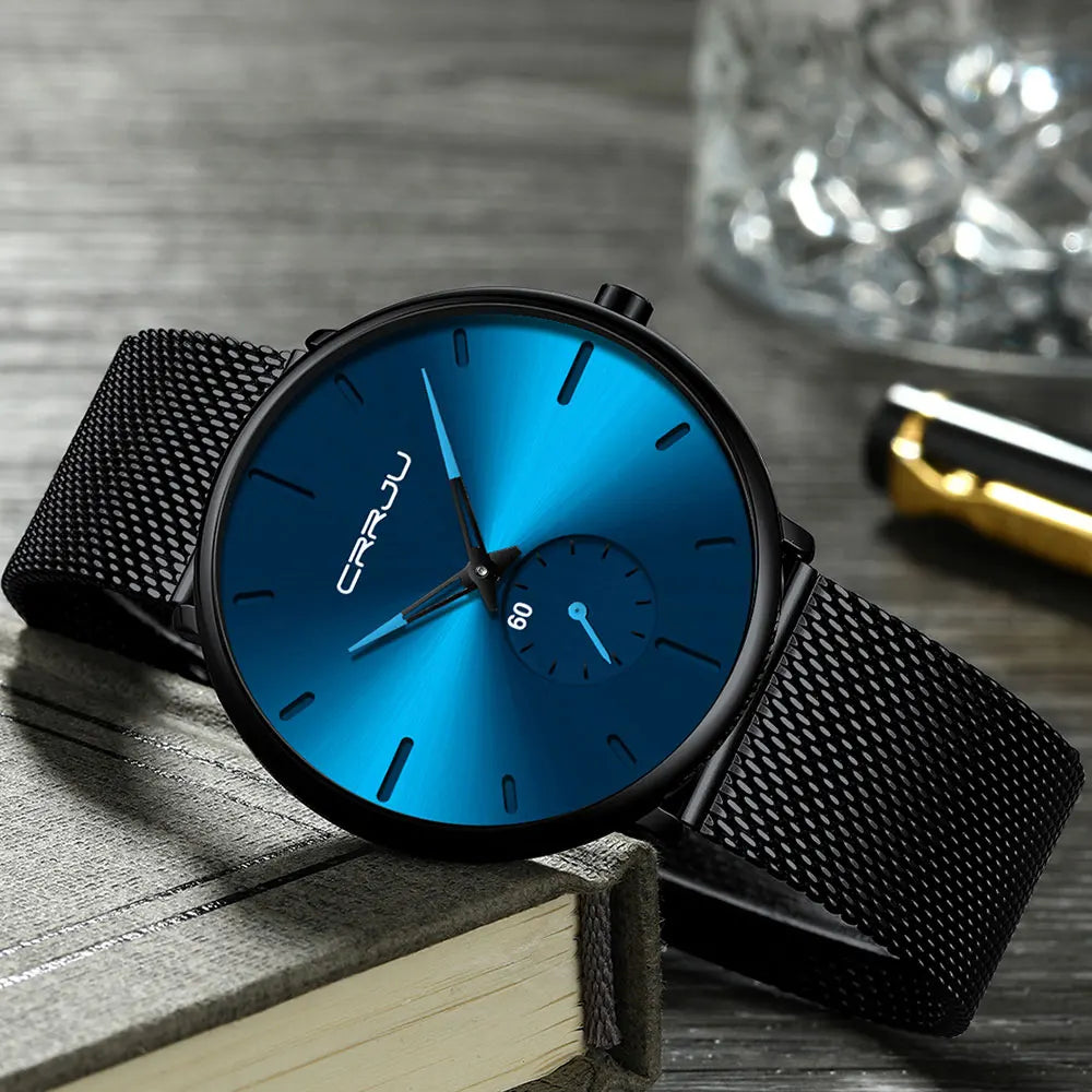 Reloj para hombre CRRJU: reloj de cuarzo de lujo, de estilo informal, fino, con correa de malla de acero, resistente al agua y deportivo.