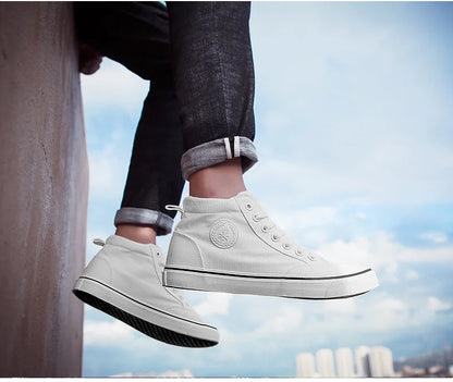 Pánské vysoké plátěné tenisky, nazouvací, šněrovací, ležérní, celočerné, základní skateové boty pro studenty, s plochou podrážkou, pohodlné sportovní boty
