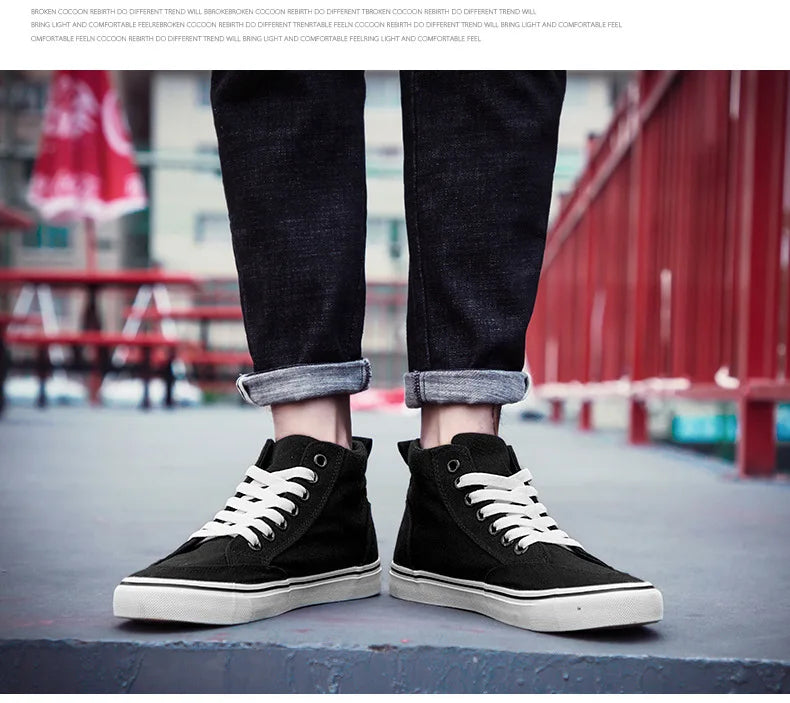 Pánské vysoké plátěné tenisky, nazouvací, šněrovací, ležérní, celočerné, základní skateové boty pro studenty, s plochou podrážkou, pohodlné sportovní boty
