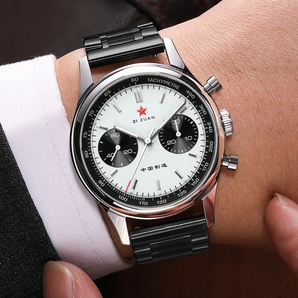 Red Star Panda Mens 1963 Chronograph Mechanical Wristwatch Seagull st1901 Movement Gooseneck 40mm Luminous Sapphire Pilot Watch