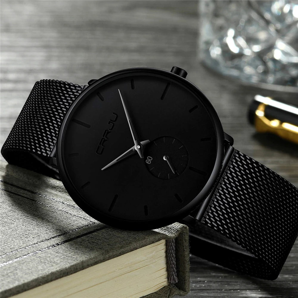 Reloj para hombre CRRJU: reloj de cuarzo de lujo, de estilo informal, fino, con correa de malla de acero, resistente al agua y deportivo.