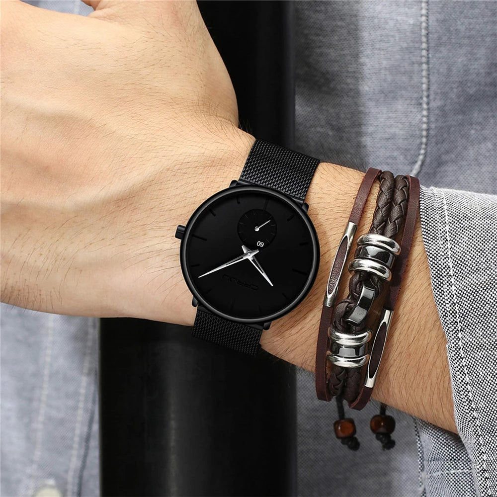 Reloj para hombre CRRJU: reloj de cuarzo de lujo, de estilo informal, fino, con correa de malla de acero, resistente al agua y deportivo.