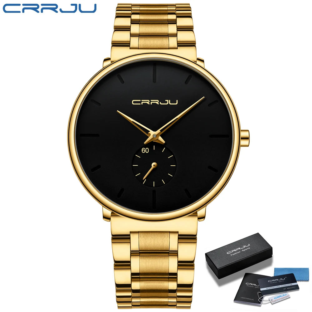 Orologio da uomo CRRJU – Orologio da polso in acciaio inossidabile, stile casual e lussuoso, impermeabile, orologio sportivo al quarzo da uomo