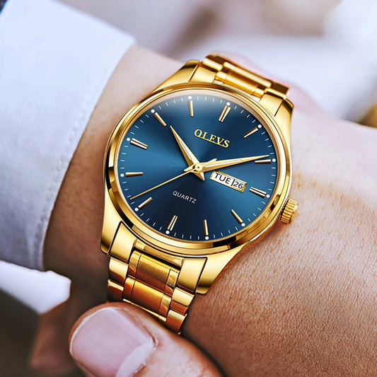 OLEVS Men’s Watch – Stainless steel quartz wristwatch, water-resistant, gold-coloured, elegant and luminous, a luxury accessory for men