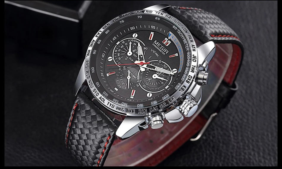 Montre-bracelet analogique à quartz pour homme MEGIR – Montre de luxe étanche avec bracelet en cuir, style décontracté, modèle 1010 (noir)