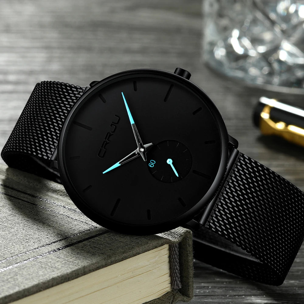 Reloj para hombre CRRJU: reloj de cuarzo de lujo, de estilo informal, fino, con correa de malla de acero, resistente al agua y deportivo.