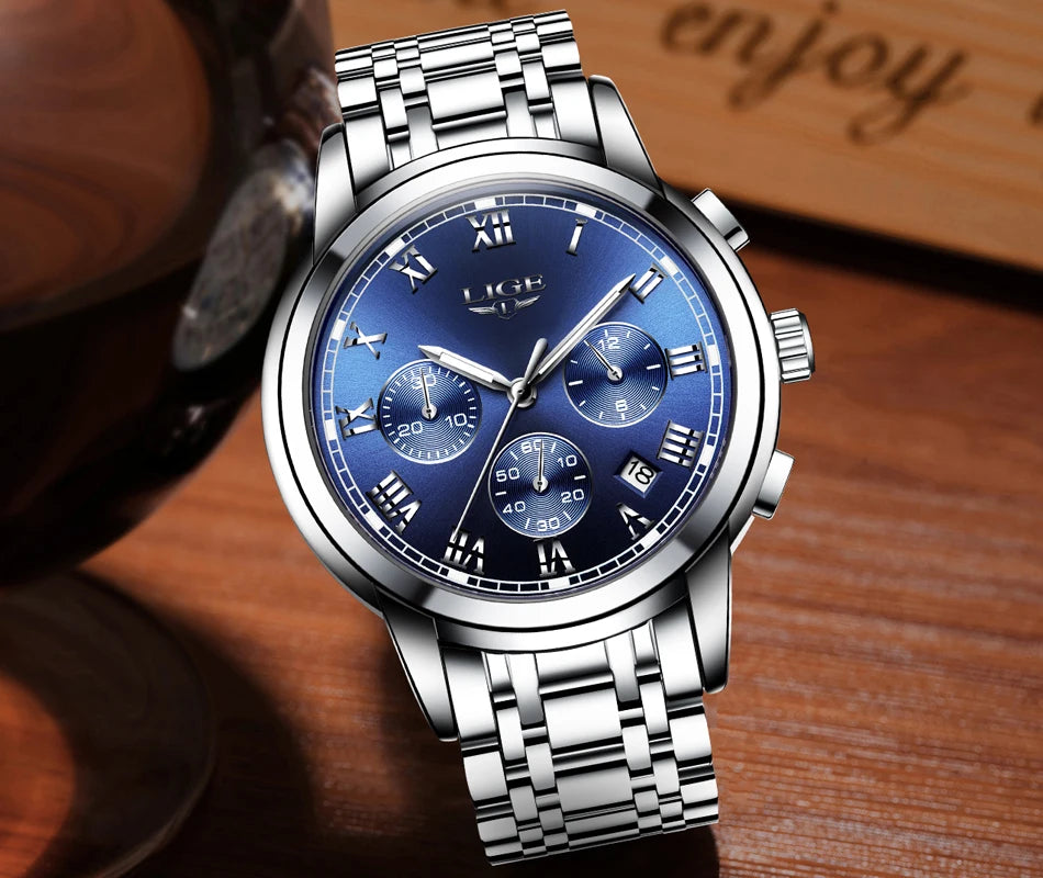 LIGE-miestenkello – Ylellinen kronografi, rento urheilutyyli, vesitiivis, kokonaan terästä, kvartsikoneisto