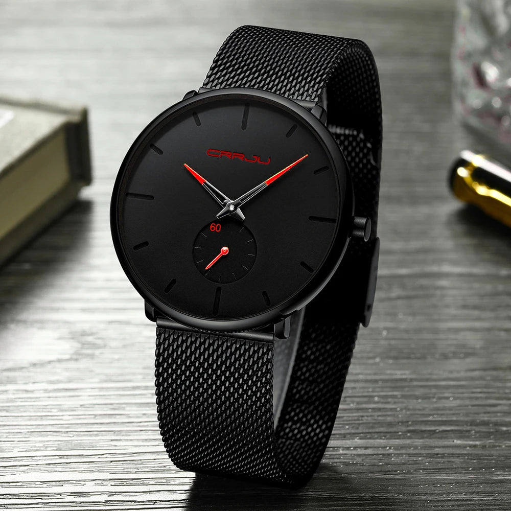 Reloj para hombre CRRJU: reloj de cuarzo de lujo, de estilo informal, fino, con correa de malla de acero, resistente al agua y deportivo.