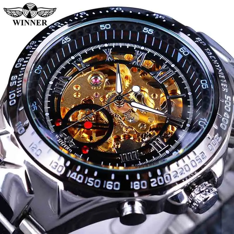 Orologio da uomo Winner – Design sportivo, lunetta lavorata, stile di tendenza, marchio di prestigio, orologio automatico con meccanismo a vista (scheletrato)