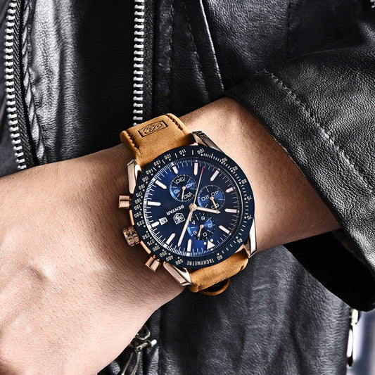 Relógios de luxo para homem BENYAR – Relógios de pulso de quartzo com bracelete em pele, resistentes à água até 30 m, estilo desportivo.