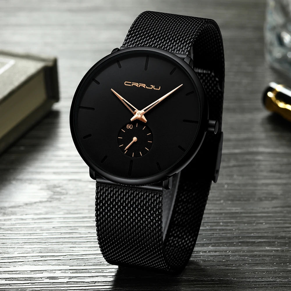 Reloj para hombre CRRJU: reloj de cuarzo de lujo, de estilo informal, fino, con correa de malla de acero, resistente al agua y deportivo.