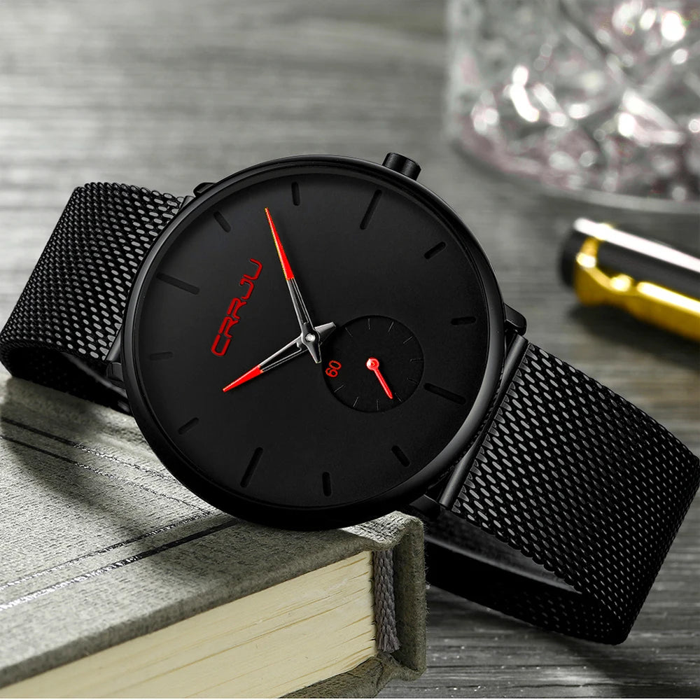 Reloj para hombre CRRJU: reloj de cuarzo de lujo, de estilo informal, fino, con correa de malla de acero, resistente al agua y deportivo.