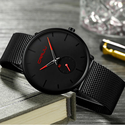 Reloj para hombre CRRJU: reloj de cuarzo de lujo, de estilo informal, fino, con correa de malla de acero, resistente al agua y deportivo.