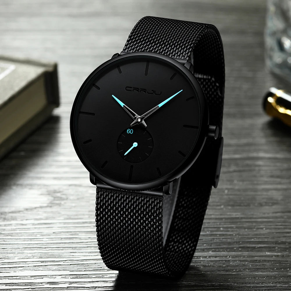 Reloj para hombre CRRJU: reloj de cuarzo de lujo, de estilo informal, fino, con correa de malla de acero, resistente al agua y deportivo.