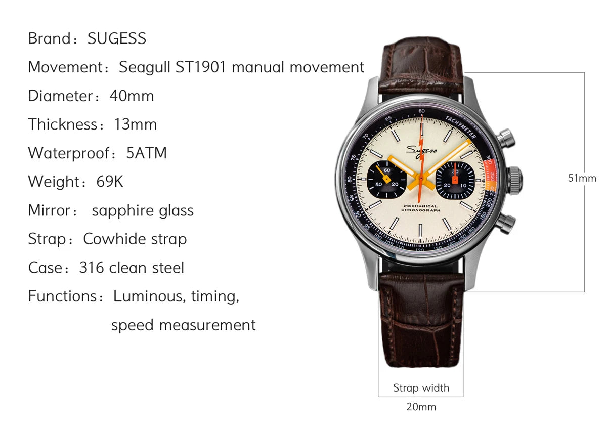Sugess New Business Watch Mechanical Chronograph ST19 Original Swaneck Movement wristwatches Army Pilot Reloj Hombre Sappire