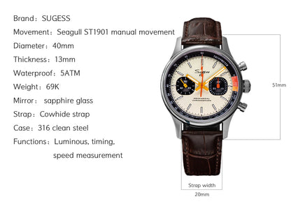 Sugess New Business Watch Mechanical Chronograph ST19 Original Swaneck Movement wristwatches Army Pilot Reloj Hombre Sappire