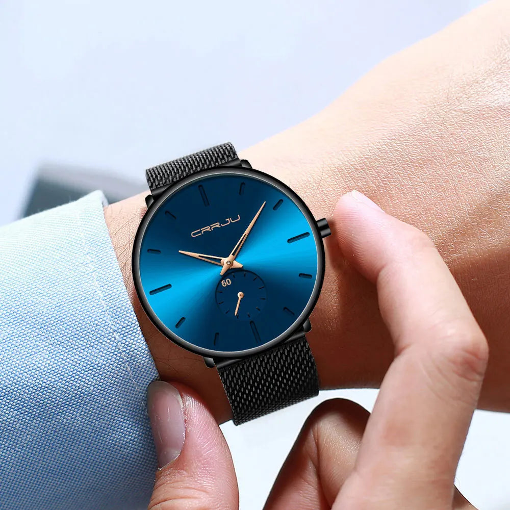 Reloj para hombre CRRJU: reloj de cuarzo de lujo, de estilo informal, fino, con correa de malla de acero, resistente al agua y deportivo.