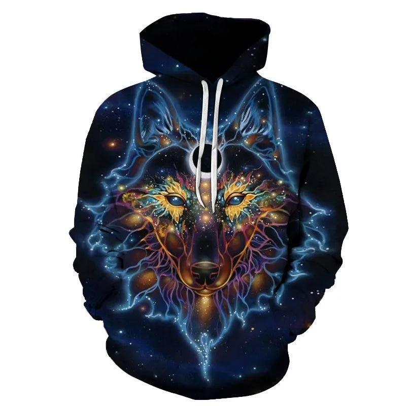 Ефектен космически Galaxy Wolf суитшърт с качулка за мъже, ярък вълк, модерен и стилен дизайн, пролетно-есенен пуловер суитшърт
