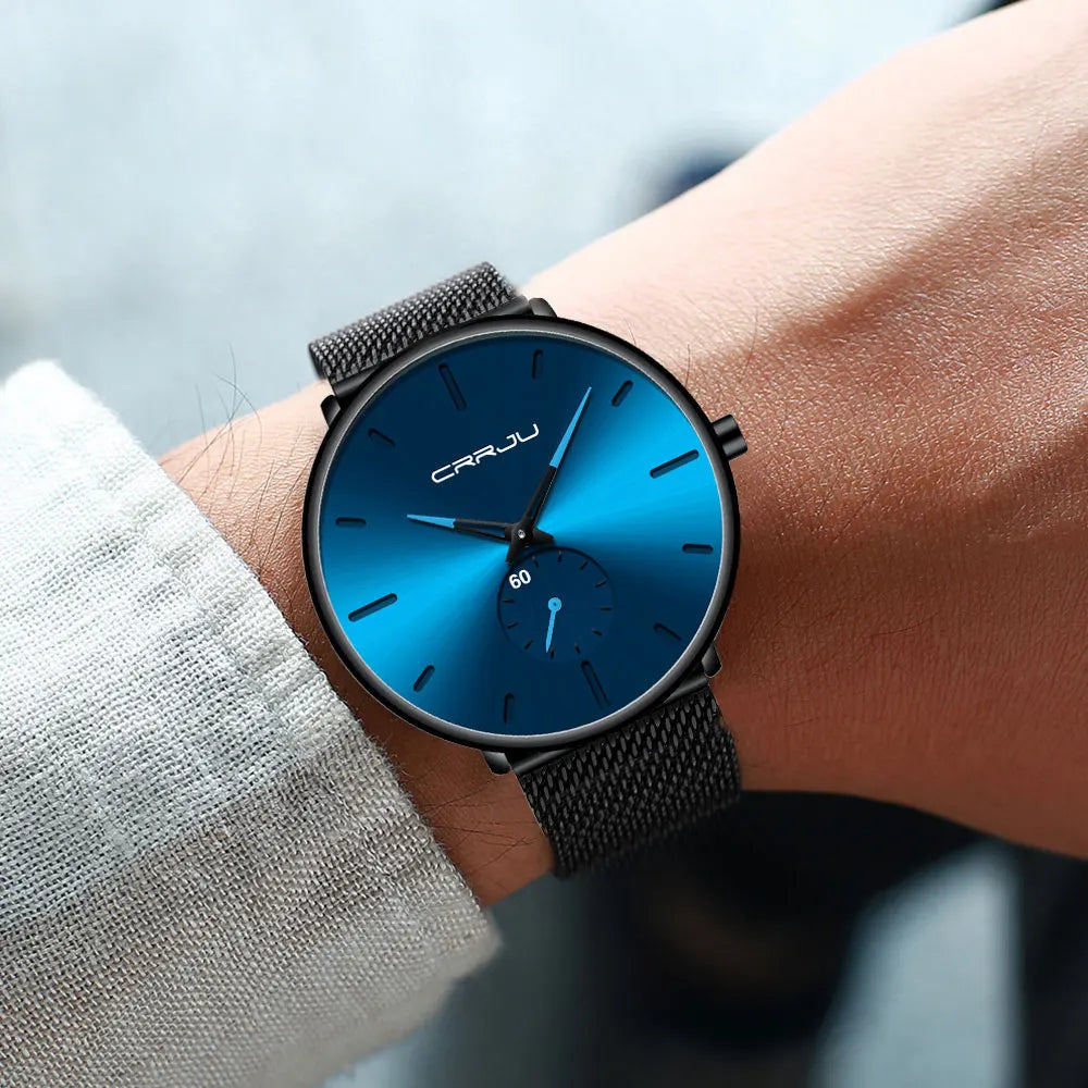 Reloj para hombre CRRJU: reloj de cuarzo de lujo, de estilo informal, fino, con correa de malla de acero, resistente al agua y deportivo.