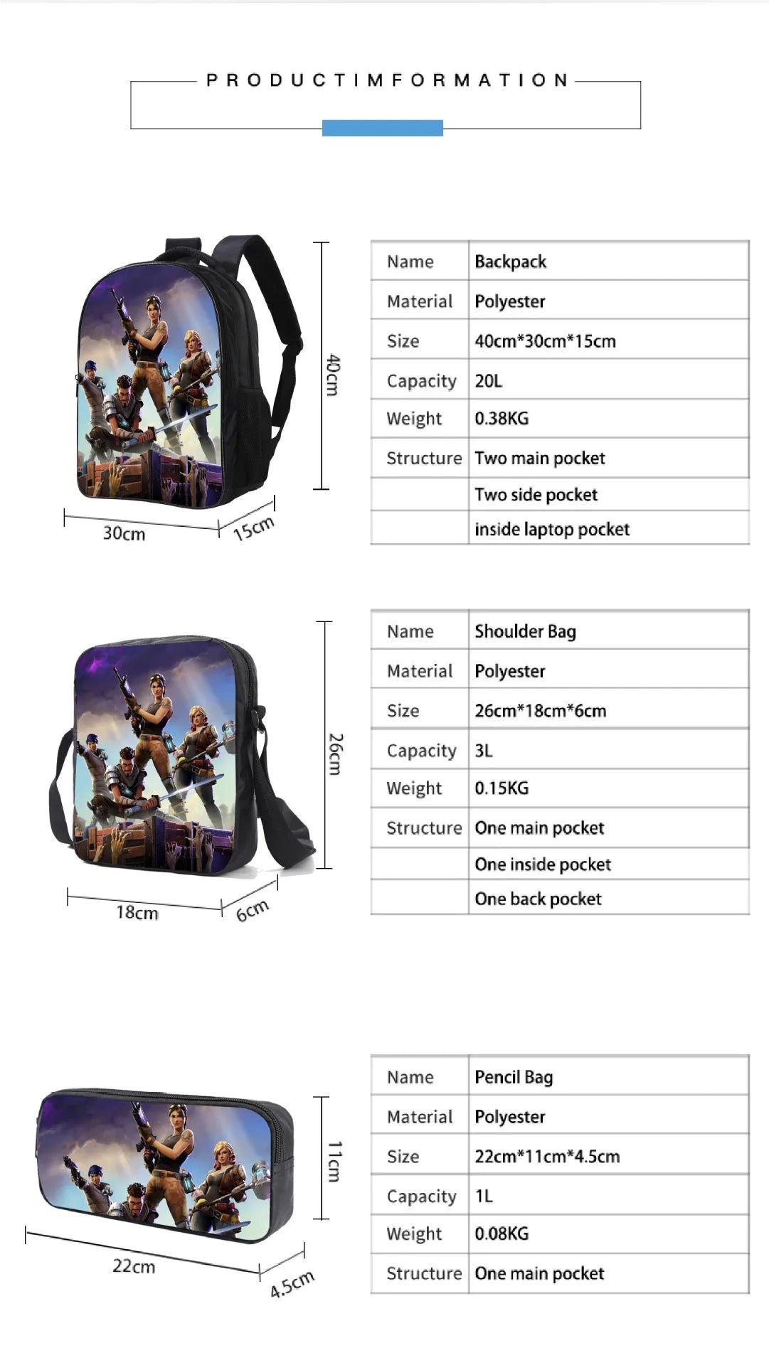 Set de 3 bucăți de ghiozdane Fortnite pentru băieți și fete, cu tematică Battle Royale, seturi de ghiozdane pentru jocuri, rucsacuri pentru jocuri, cadouri școlare